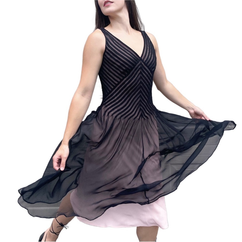 Vintage Talbots Dark Coquette Sheer Silk Chiffon Pleated Art Deco Midi Dress 8